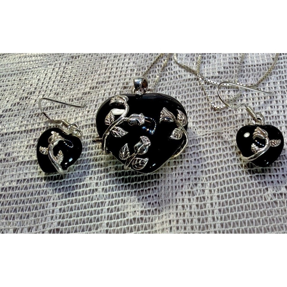 VNTG JC Black Onyx Heart&Silver Roses Pendant&Earrings 925 Italy Chain Victorian